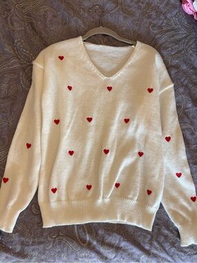 White Valentine's Day V-Neck Sweater with Red Heart Embroidery
